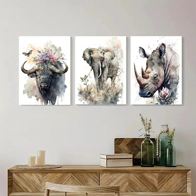 3pcs Buffalo Elephant Rhino Safari Wild Life Metal Print Ready to Hang Art