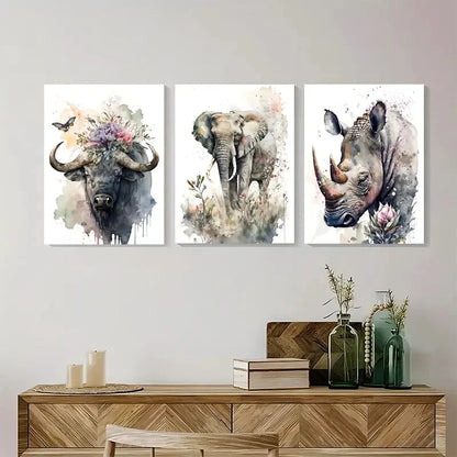 3pcs Buffalo Elephant Rhino Safari Wild Life Metal Print Ready to Hang Art