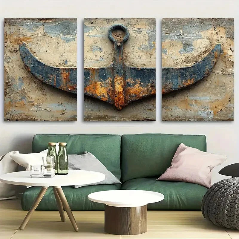 3pcs Boat Anchor Laying On Beach Sand Design Metal Print Ready to Hang Art
