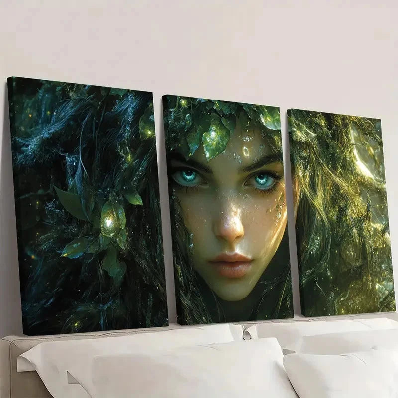 3pcs Jungle Woman Green & Golden Art I Wall Art Set Canvas Framed 50x70cm - High Quality Print 100% Australian Made Wall Canvas Ready to Hang