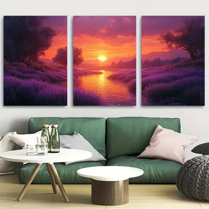3pcs Mystical Hidden Valley with Lavender Sunrise Metal Print Ready to Hang Art