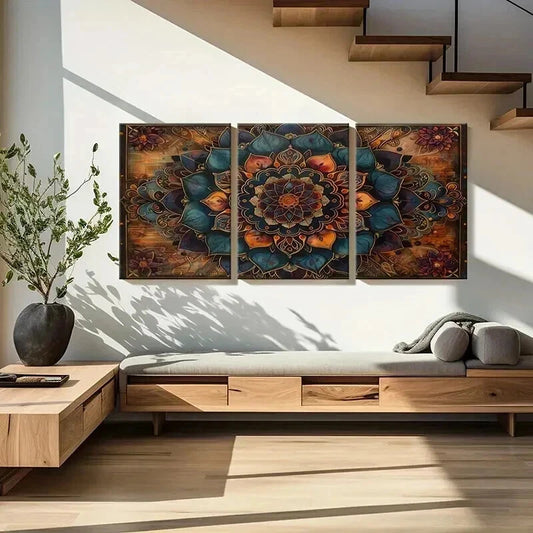 3pcs Abstract Mandala Floral Ornate Wall Art Set Canvas Framed 40x60cm - High Quality Print 100% Australian Made Wall Canvas Ready to Hang