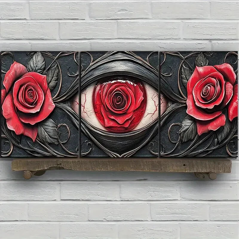 3pcs Eyes And Red Elegant Roses Metal Print Ready to Hang Art