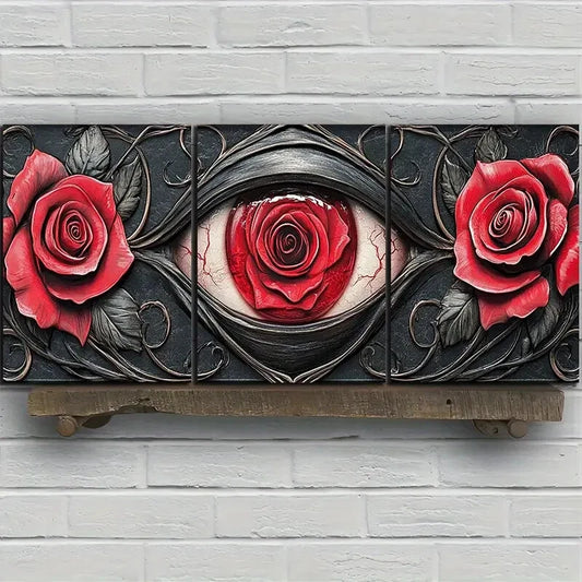 3pcs Eyes And Red Elegant Roses Metal Print Ready to Hang Art