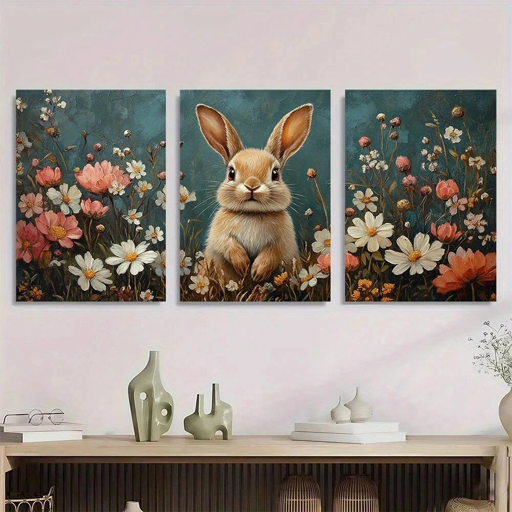3pcs Bohemian Style Brown Bunny White Floral Metal Print Ready to Hang Art