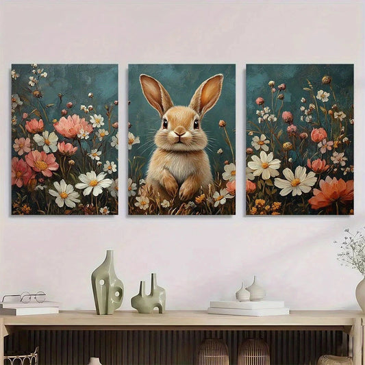 3pcs Bohemian Style Brown Bunny White Floral Metal Print Ready to Hang Art
