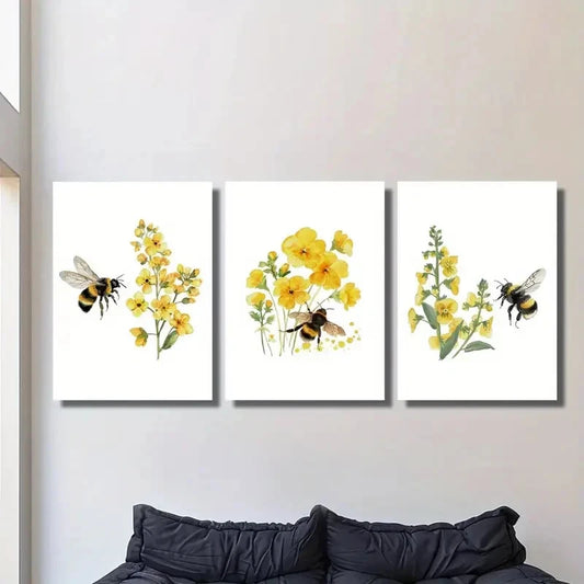 3pcs Watercolor Wildflowers & Bees Metal Print Ready to Hang Art