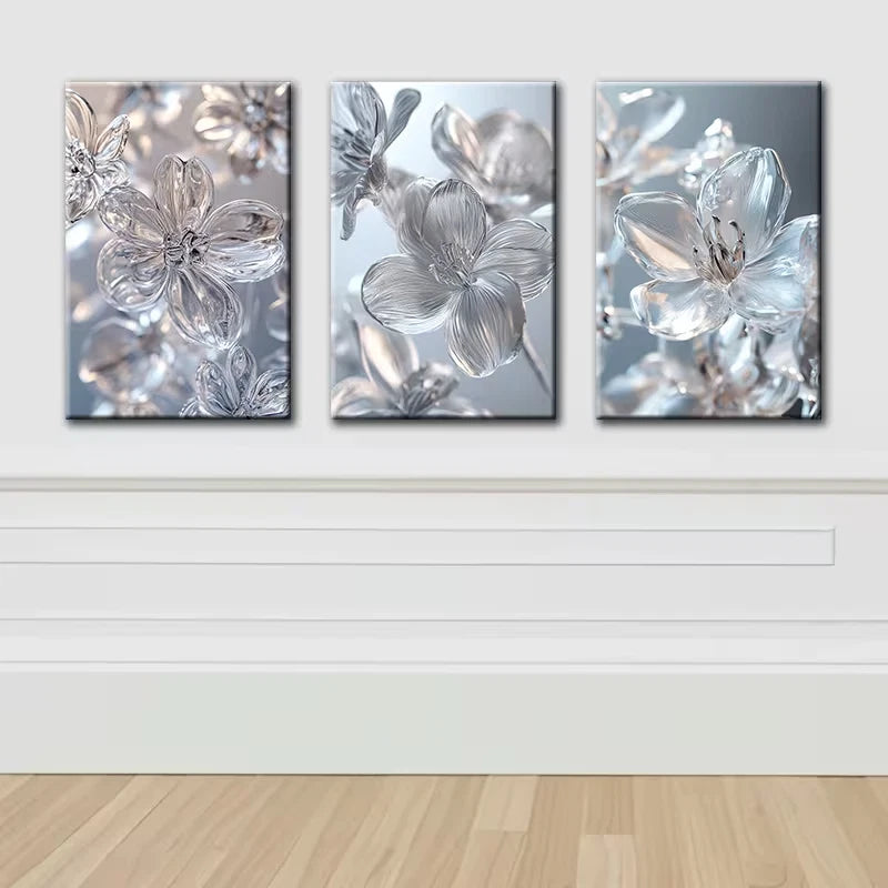 3pcs Clear glass crystal flowers Wall Art Set Canvas Framed 50x70cm - High Quality Print 100% Australian Made Wall Canvas Ready to Hang