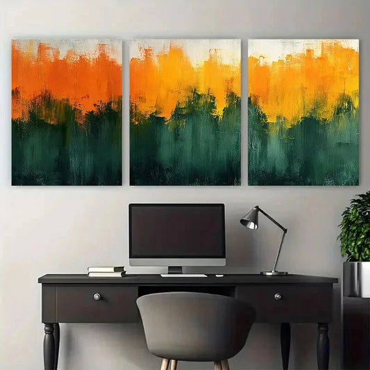 3pcs Green Orange Abstract Brushstrokes Design Metal Print Ready to Hang Art