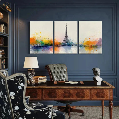 3pcs Eiffel Tower Watercolor Art Paris Cityscape Metal Print Ready to Hang Art