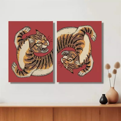 2pcs Decorative Painting, Tiger, Retro Painting Decoration Canvas Framed 50x75cm - High Quality Print 100% Australian Made Wall Canvas Ready to Hang