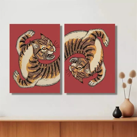 2pcs Decorative Painting, Tiger, Retro Painting Decoration Canvas Framed 50x75cm - High Quality Print 100% Australian Made Wall Canvas Ready to Hang