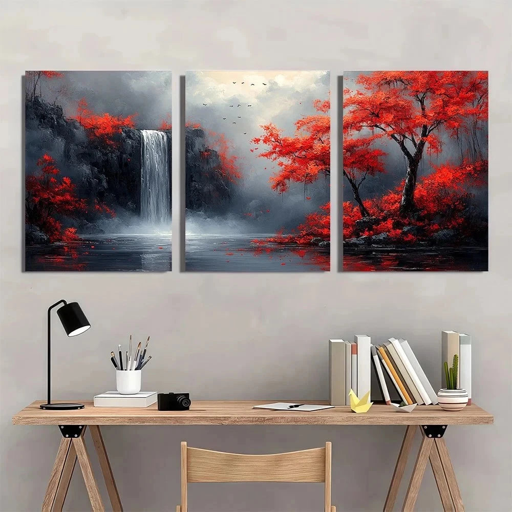 Three-panel wall art depicting a waterfall and red trees above a desk with office supplies.