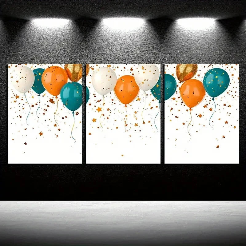 3pcs Vibrant Golden Star and Balloon Design Metal Print Ready to Hang Art