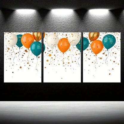 3pcs Vibrant Golden Star and Balloon Design Metal Print Ready to Hang Art
