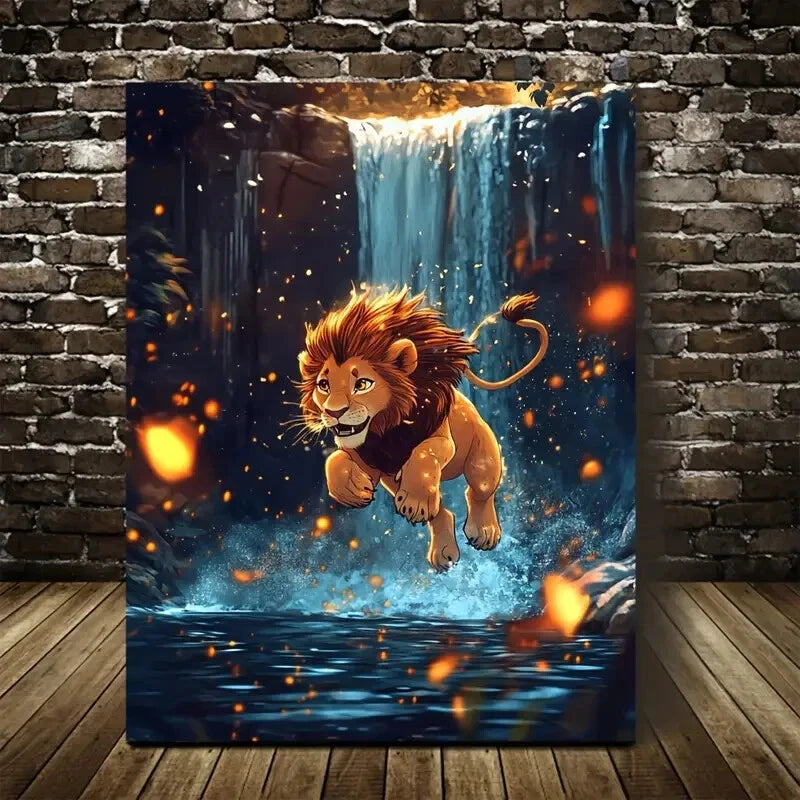 Vibrant Lion Running Near Crystal Painting 40x60cm Metal Print Ready to Hang
