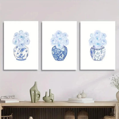 3pcs Chinese watercolor blue rose vase, Metal Print Ready to Hang Art