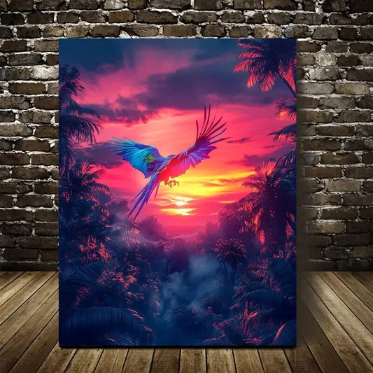Neon Glow Sunset Scene Tropical Jungle Painting 40x60cm Metal Print Ready to Hang