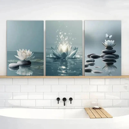 3pcs White for Lotus Blooming on Stones in Water Metal Print Ready to Hang Art