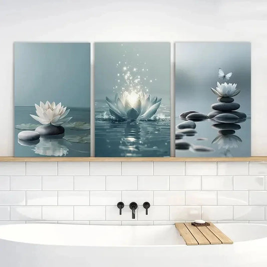 3pcs White for Lotus Blooming on Stones in Water Metal Print Ready to Hang Art