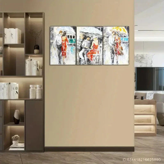 3pcs Romantic Couple with Umbrella Colorful Urban Metal Print Ready to Hang Art