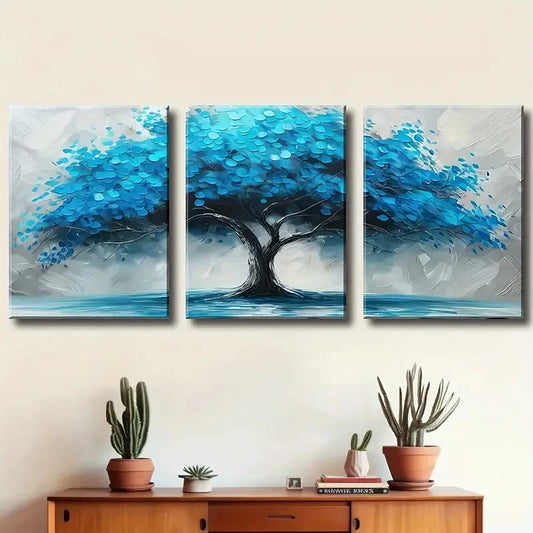 3pcs Modern Blue Tree Vintage Style Metal Print Ready to Hang Art