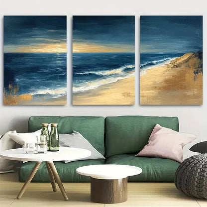 3pcs Minimalist Zen Seascape with Sunset & Waves Metal Print Ready to Hang Art