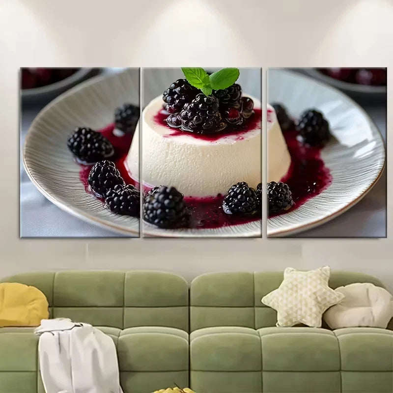 3pcs Vanilla Panna Cotta Dessert with Blackberry Metal Print Ready to Hang Art