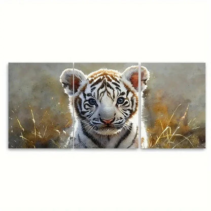 3pcs White Tiger Cub Watercolor TI Wall Art Set Canvas Framed 60x90cm - High Quality Print 100% Australian Made Wall Canvas Ready to Hang