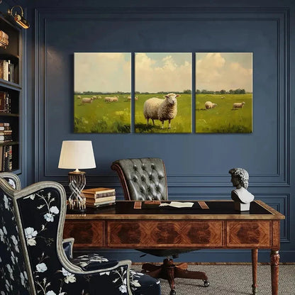 3pcs Rustic Pastoral Scene Sheep Grazing Metal Print Ready to Hang Art