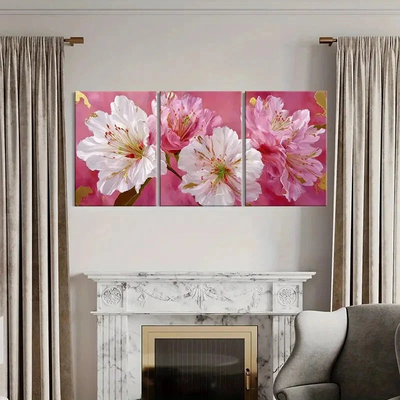 3pcs Elegant Floral Art Pink White Flowers Metal Print Ready to Hang Art