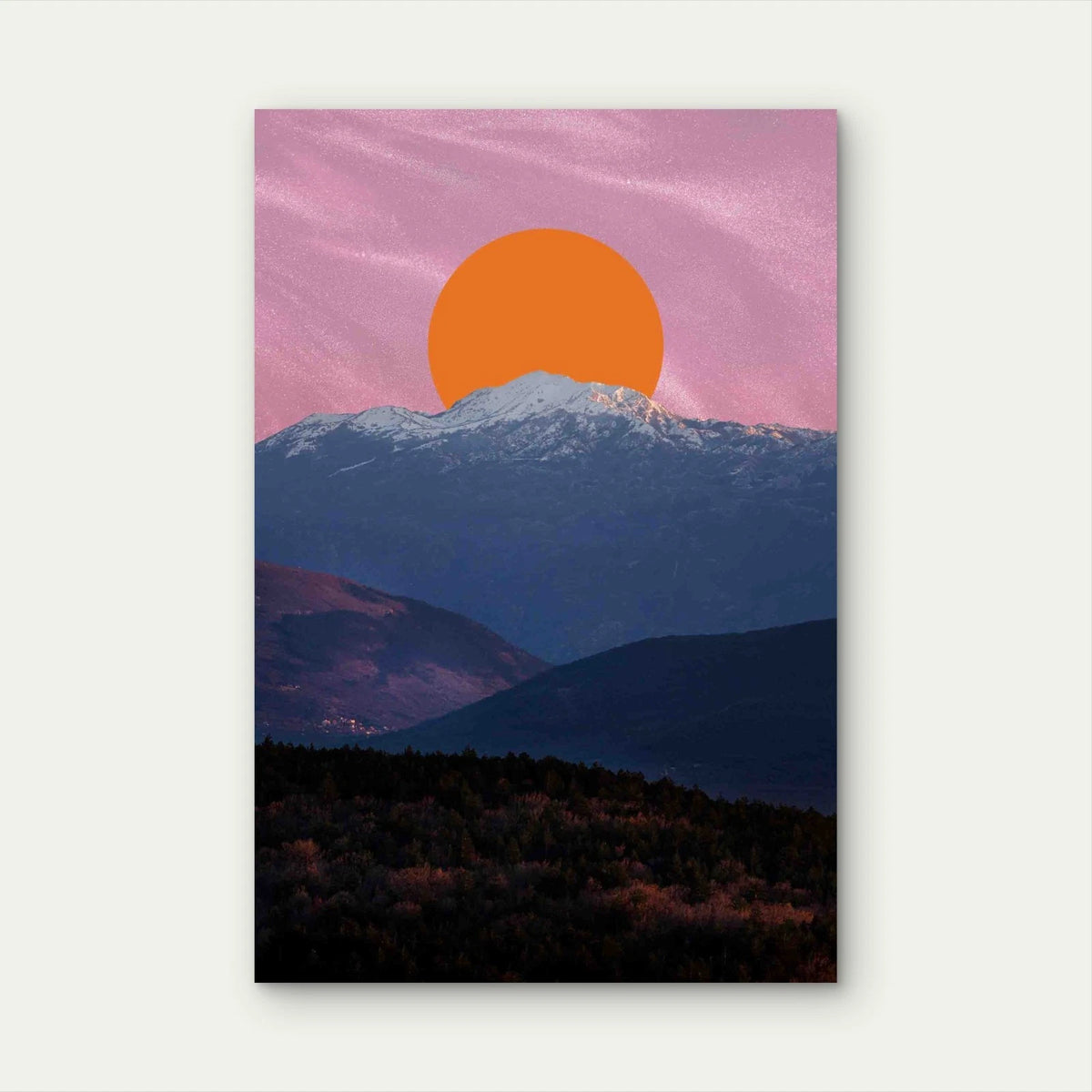 Layered Mountain Silhouettes with a Large, Orange Sun Metal Print Ready to Hang