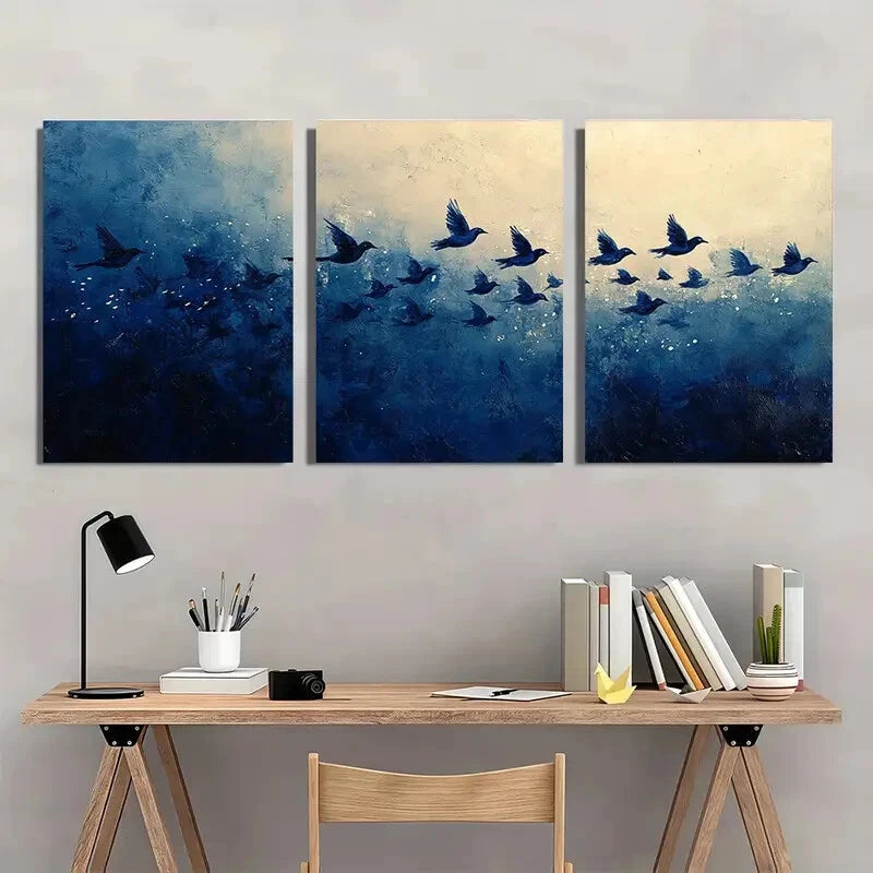 3pcs Minimalist Abstract Navy Blue Bird Flock Metal Print Ready to Hang Art