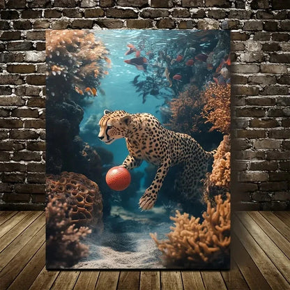 Dreamlike Cheetah Playing with Ball Painting 40x60cm Metal Print Ready to Hang