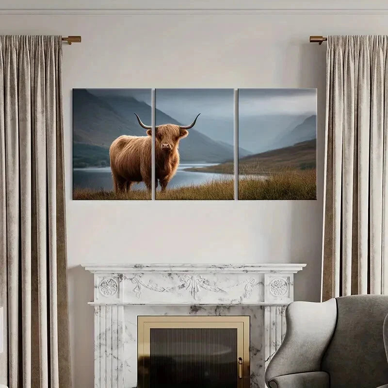 3pcs Highland Cow Mountain Landscape Art Scenery Metal Print Ready to Hang Art