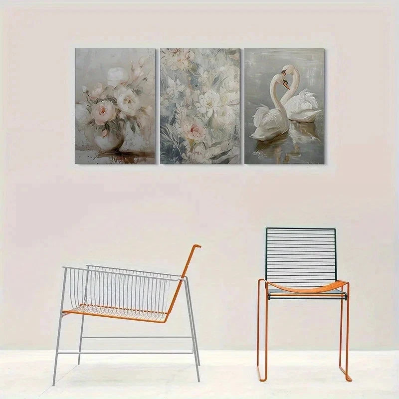 3pcs Romantic Swan and Floral Metal Print Ready to Hang Art