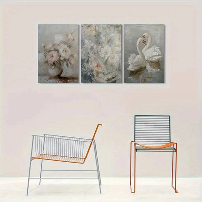 3pcs Romantic Swan and Floral Metal Print Ready to Hang Art