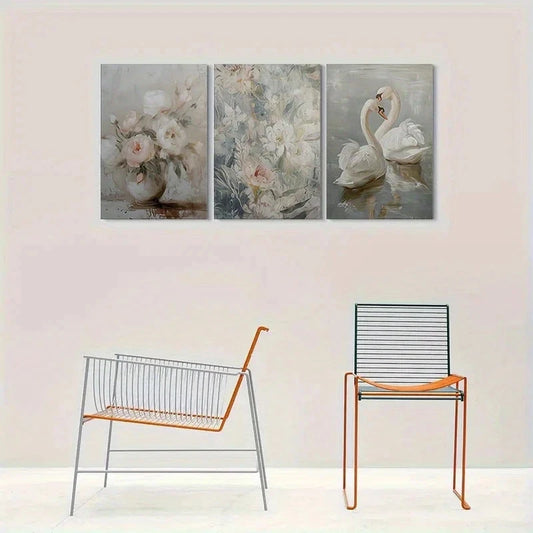 3pcs Romantic Swan and Floral Metal Print Ready to Hang Art