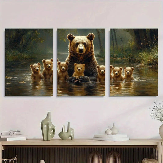 3pcs Vintage Black Bear & Cubs in Forest River Metal Print Ready to Hang Art