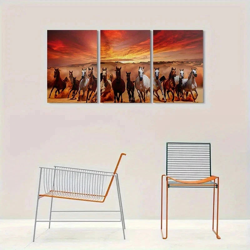 3pcs Sunset Desert Vibrant Horses Metal Print Ready to Hang Art
