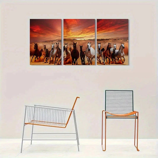 3pcs Sunset Desert Vibrant Horses Metal Print Ready to Hang Art