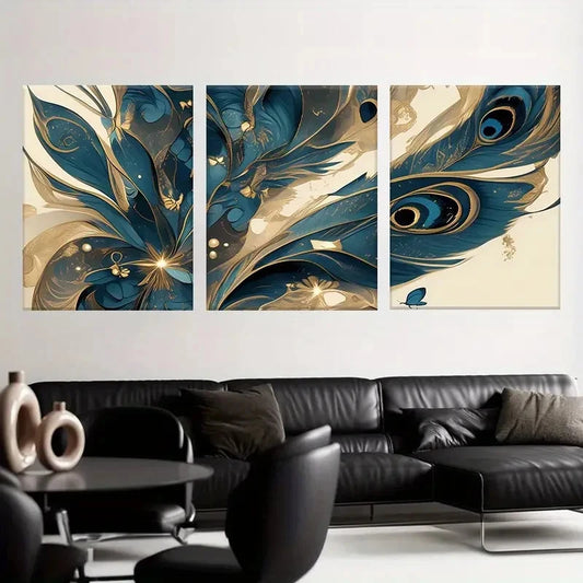 3pcs Peacock Feather Wall Art Print Metal Print Ready to Hang Art