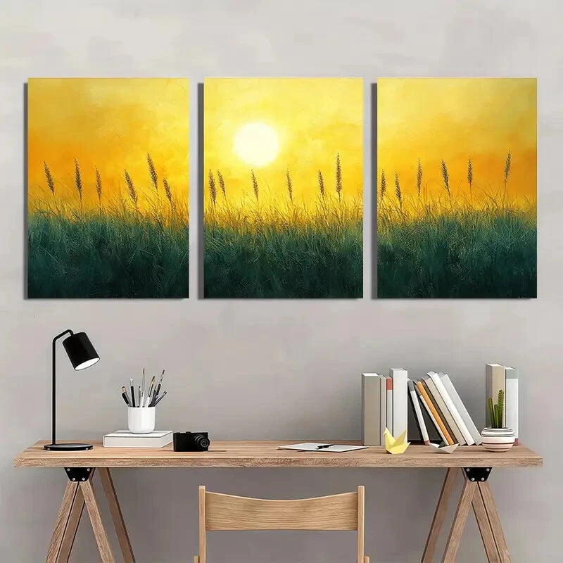 3pcs Sun kissed Grassland Metal Yellow Olive Green Print Ready to Hang Art