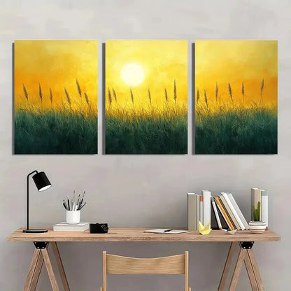3pcs Sun kissed Grassland Metal Yellow Olive Green Print Ready to Hang Art
