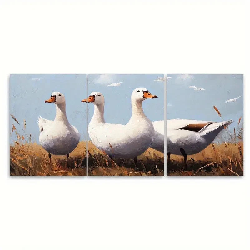 3pcs White Geese Farmhouse Animal Wall Art Set Canvas Framed 40x60cm - High Quality Print 100% Australian Made Wall Canvas Ready to Hang