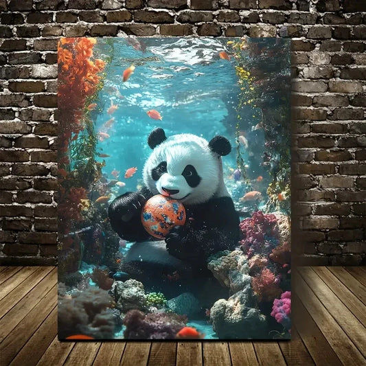 Panda Playing with Ball Underwater In Coral Painting 40x60cm Metal Print Ready to Hang