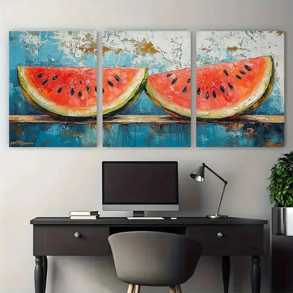 3pcs Watermelon Painting Fruit Impasto Design Metal Print Ready to Hang Art