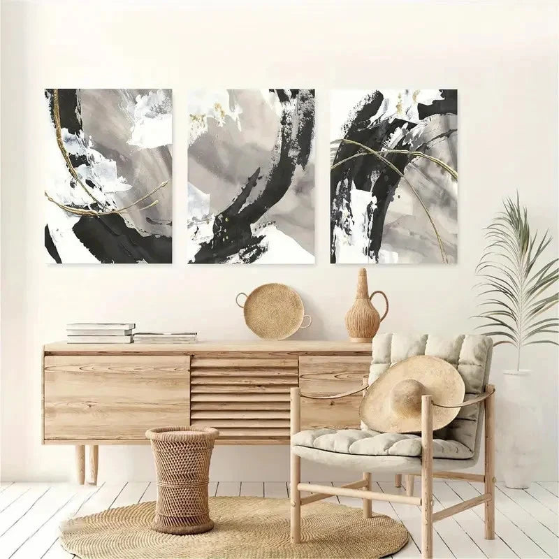 3pcs Black Ink Brush Texture Metal Print Ready to Hang Art