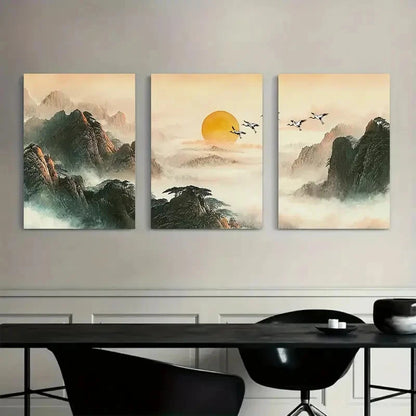 3pcs Mountains and Floating Clouds in Soft Hues Metal Print Ready to Hang Art
