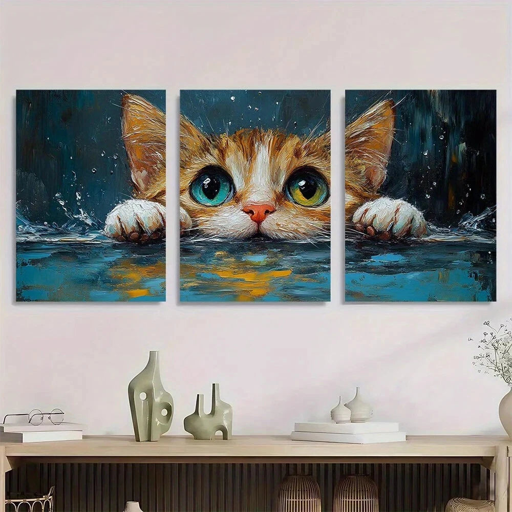 3pcs Whimsical Cat Vibrant Orange Metal Print Ready to Hang Art